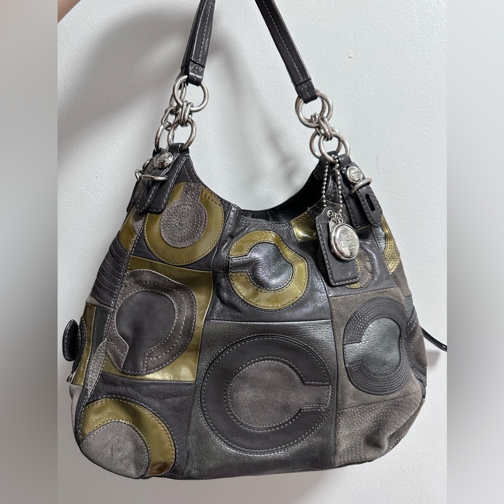 Gray Abstract Shoulder Bag with Silver Hardware